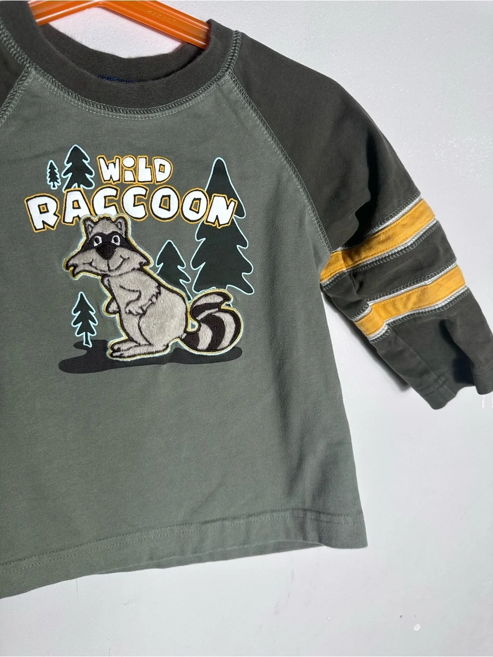 Vintage Cherokee Olive Long-Sleeve Tee with Raccoon Graphic & Yellow Stripes